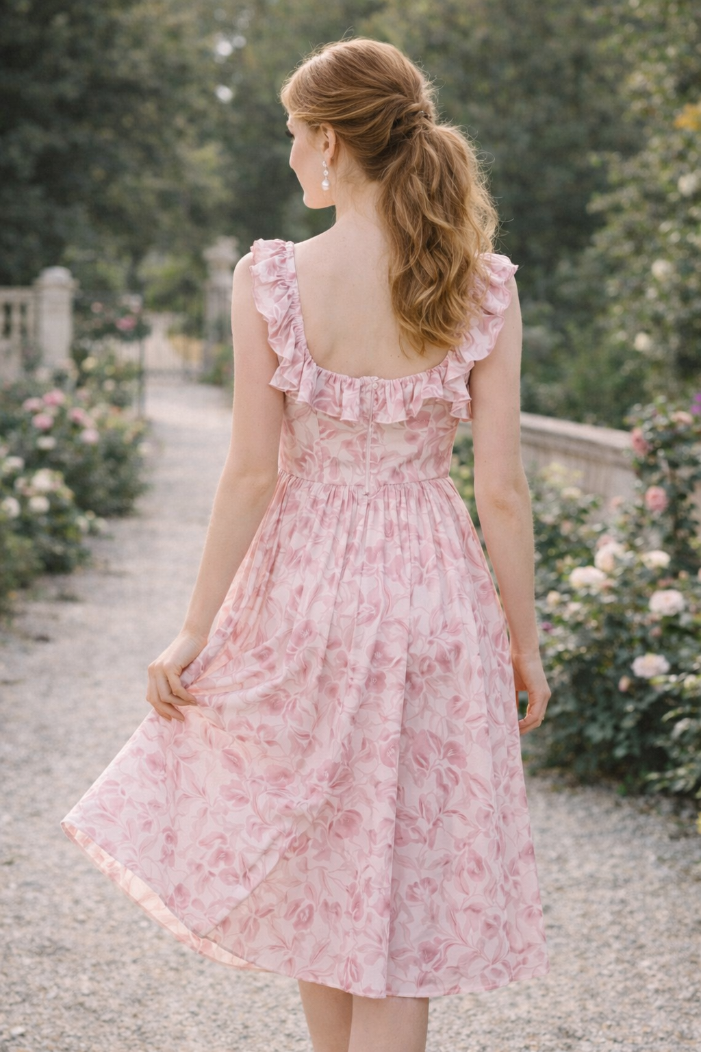 Pink Floral Ruffle Midi Dress