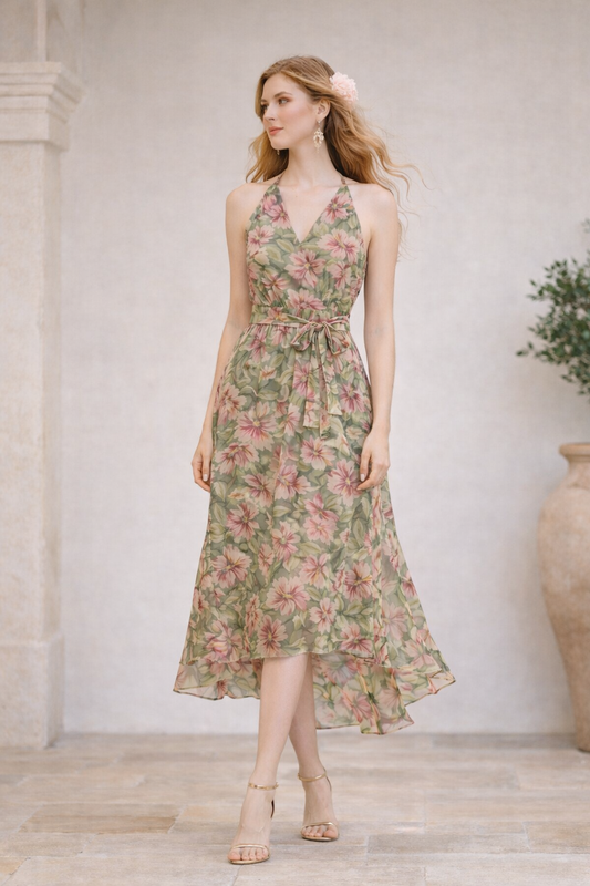 Floral Halter-Neck Chiffon Asymmetrical Maxi Dress