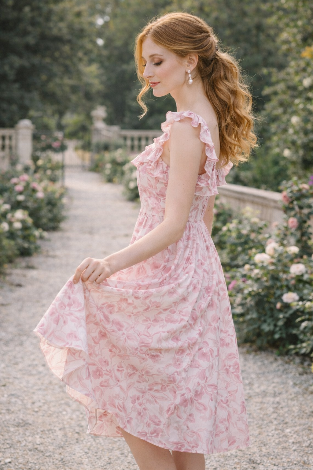 Pink Floral Ruffle Midi Dress