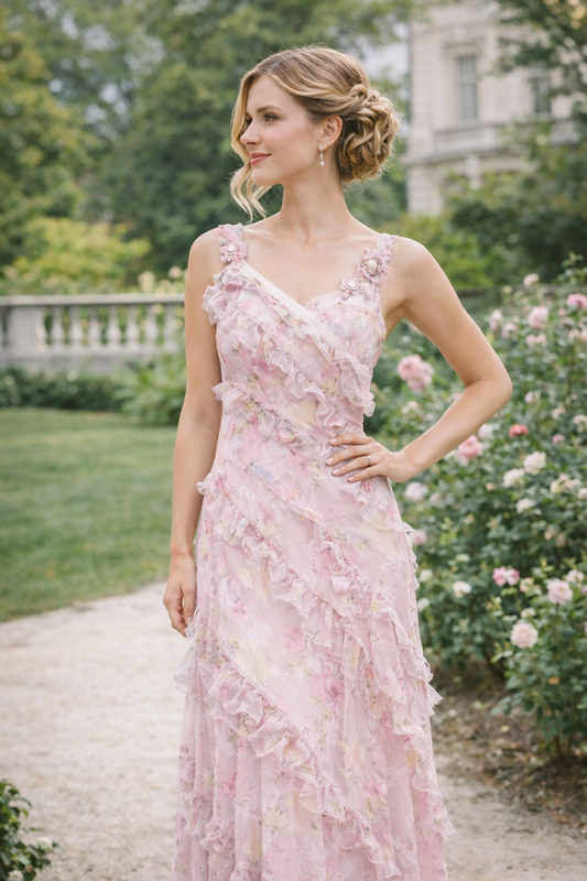 Floral Appliqué Chiffon Wrap Maxi Dress