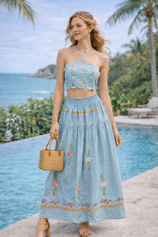 Embroidered Halter Crop Top & Maxi Skirt Set