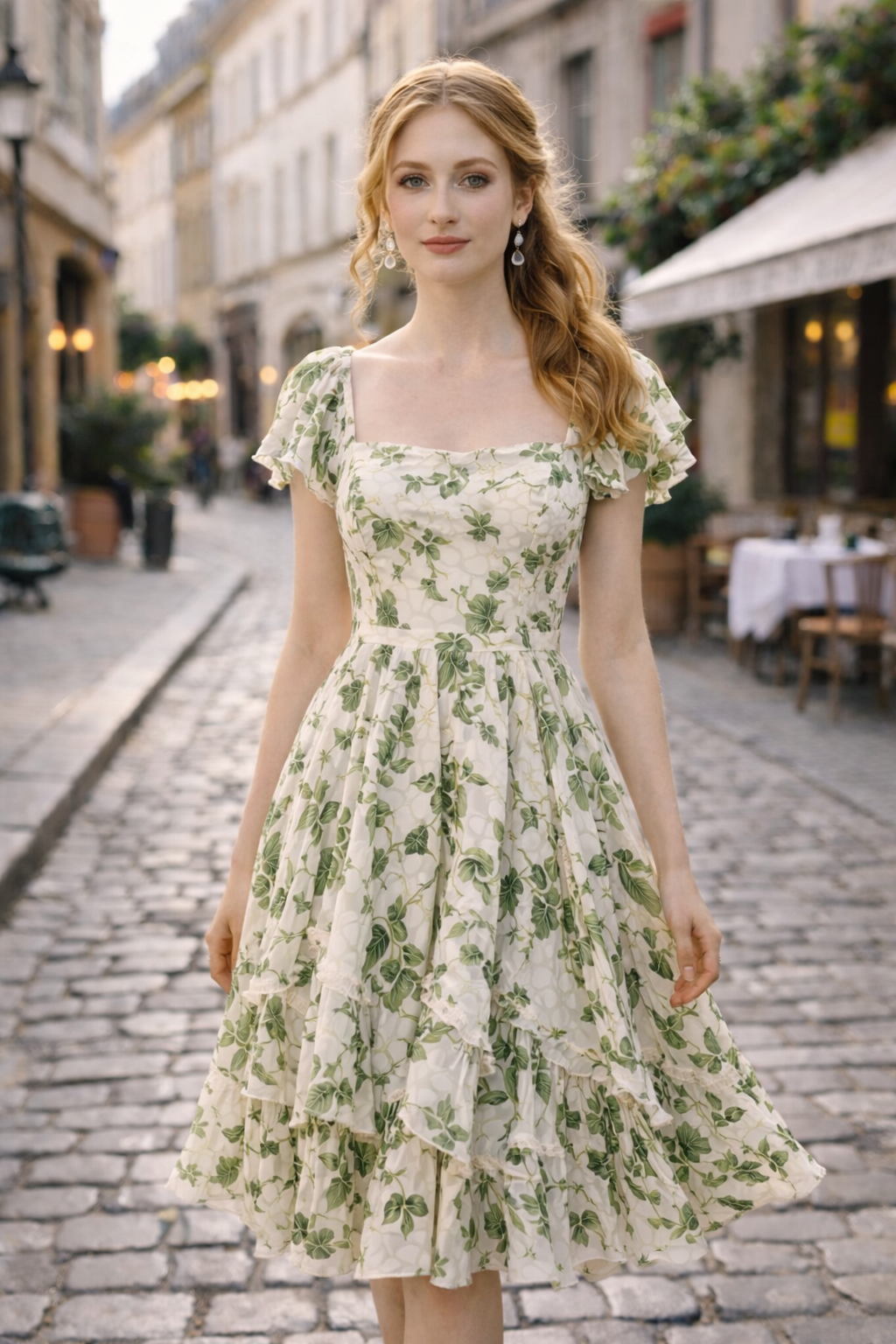 Botanical Square-Neck Midi Dress