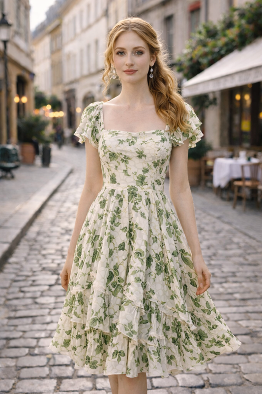 Botanical Square-Neck Midi Dress