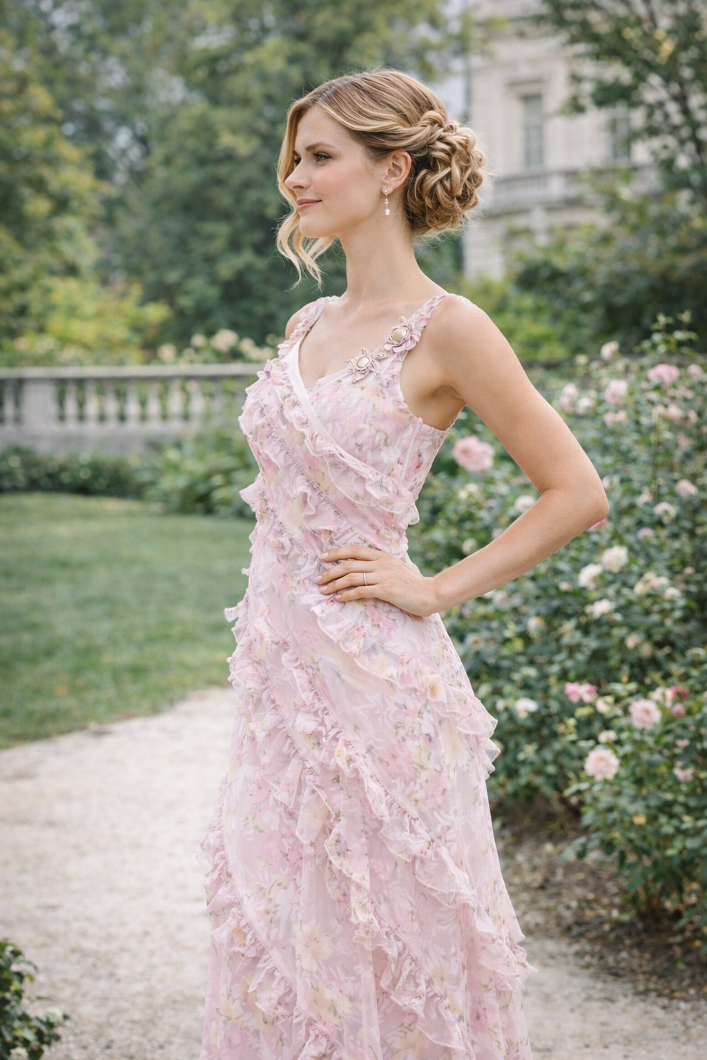 Floral Appliqué Chiffon Wrap Maxi Dress