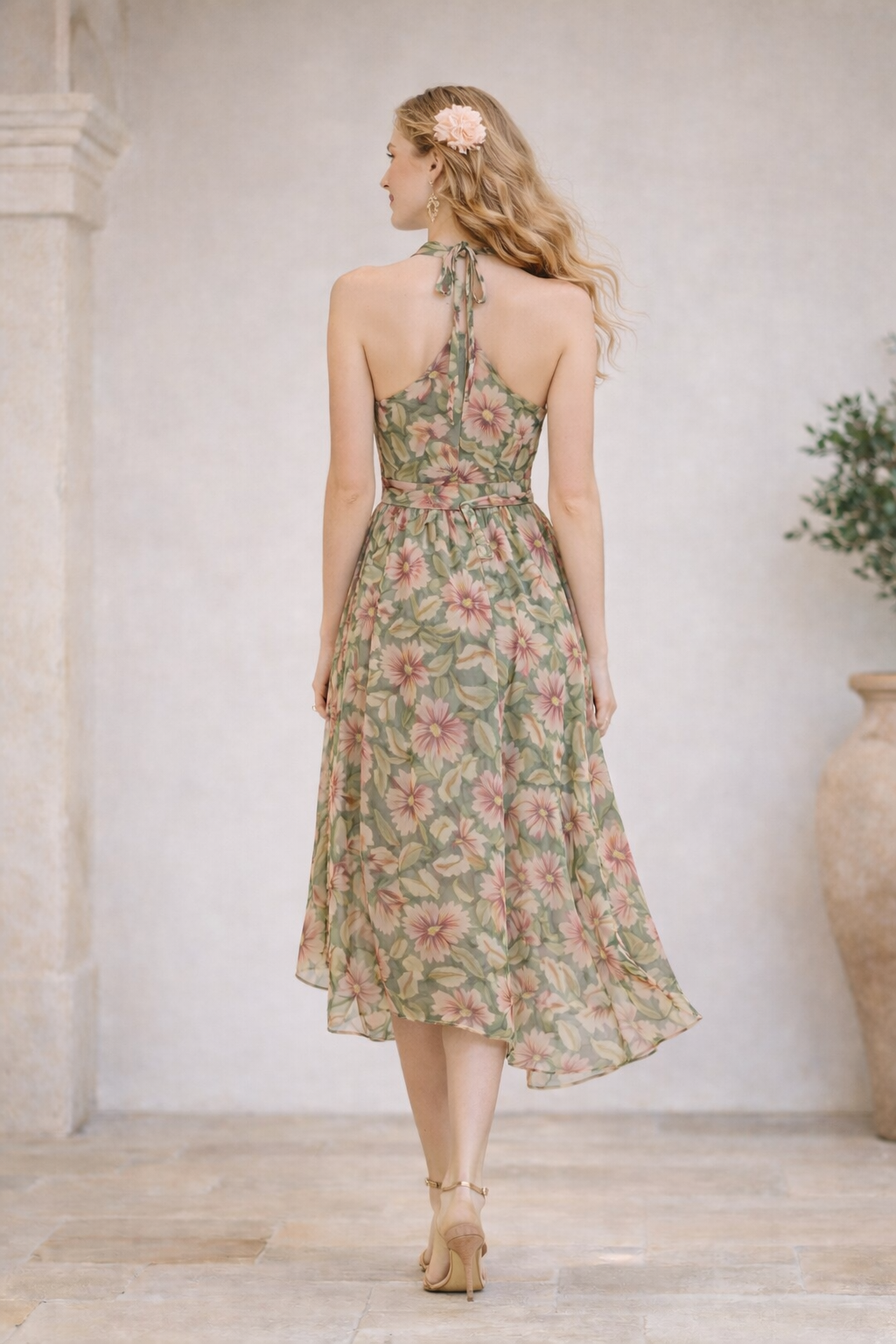 Floral Halter-Neck Chiffon Asymmetrical Maxi Dress