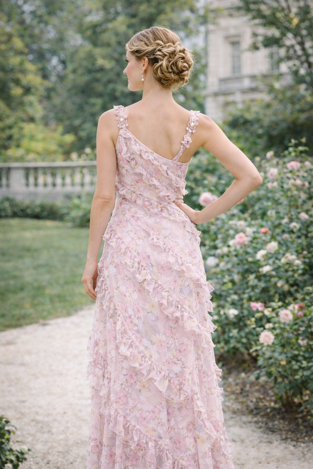 Floral Appliqué Chiffon Wrap Maxi Dress