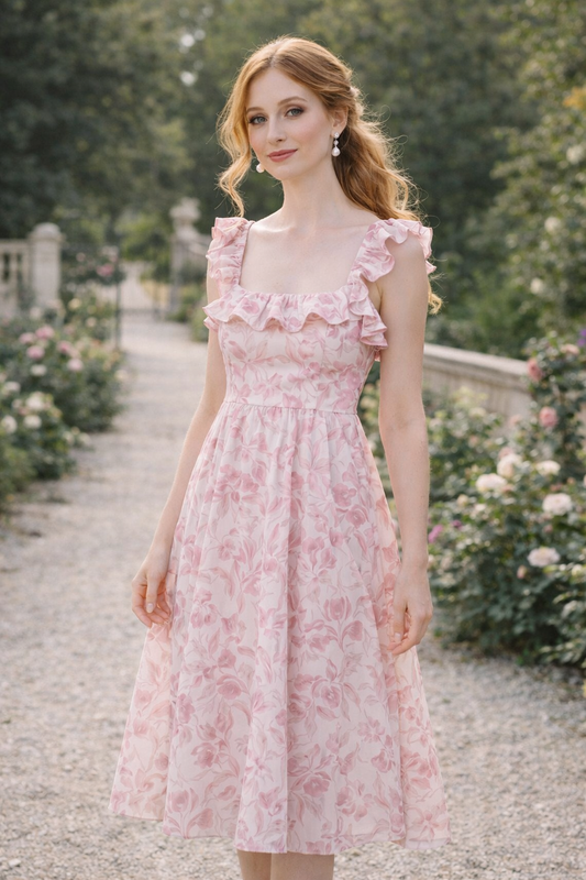 Pink Floral Ruffle Midi Dress