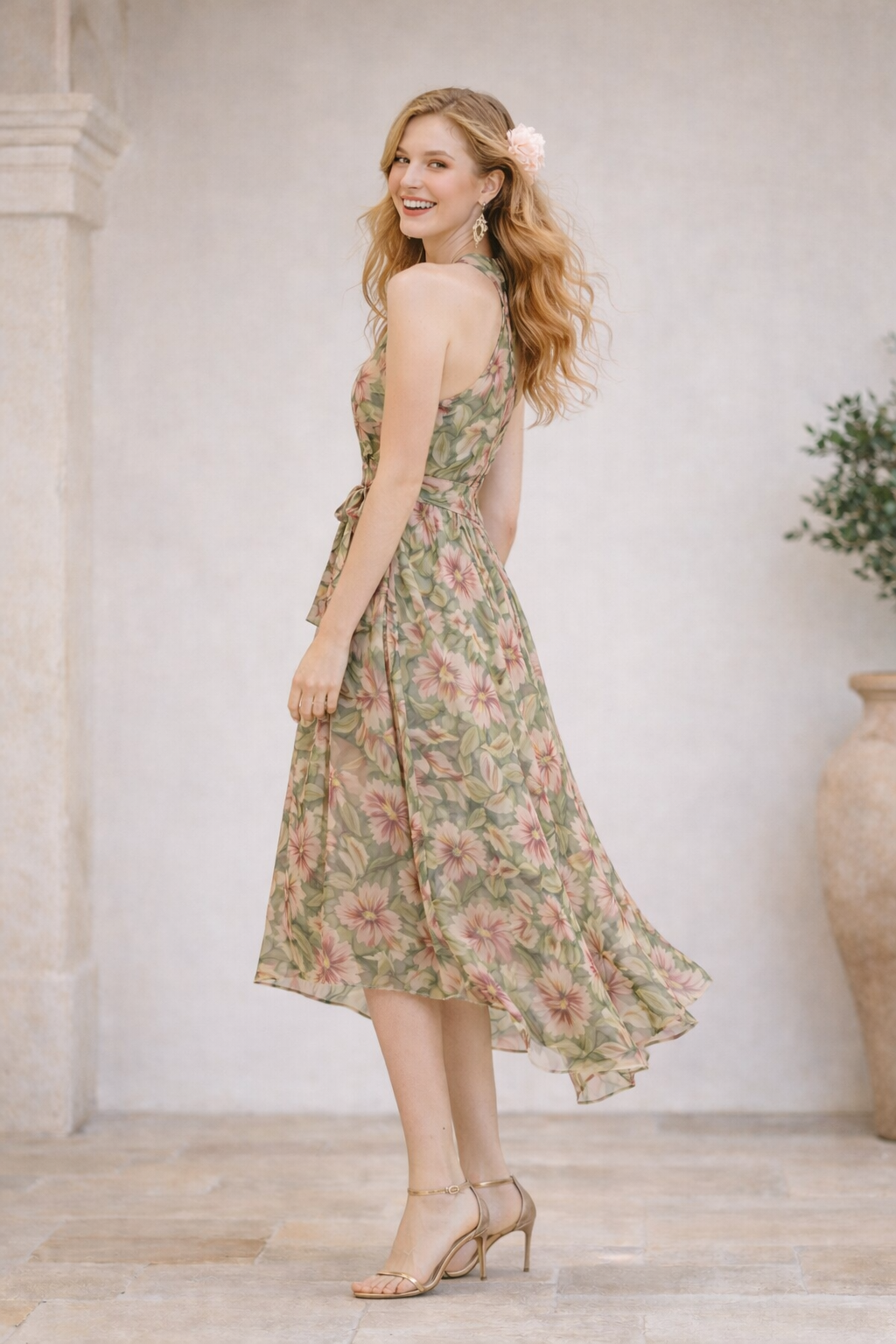 Floral Halter-Neck Chiffon Asymmetrical Maxi Dress