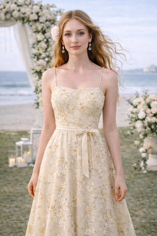 Floral Embroidered A-Line Maxi Dress with Soft Waist Definition
